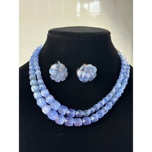 Vintage Blue Double Strand Beaded Necklace and Clip On Earring Set Periwinkle